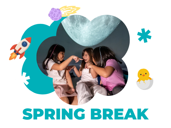 3 Girls Sitting Under a projection of the moon with educational learning during Spring Break at TELUS Spark 2026.